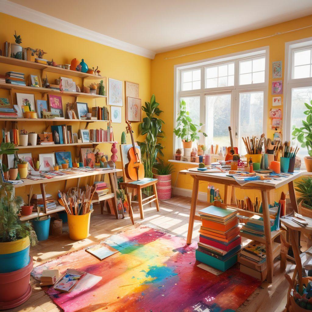 A whimsical and colorful workshop filled with artistic supplies—paints, brushes, musical instruments, and piles of books. A diverse group of happy people engaged in various creative activities like painting, sculpting, and playing music, all under a sunlit, open space with vibrant decorations. Emphasize joy and inspiration in their expressions and the vivid colors around them. whimsical art style. bright and cheerful colors. 3D perspective.
