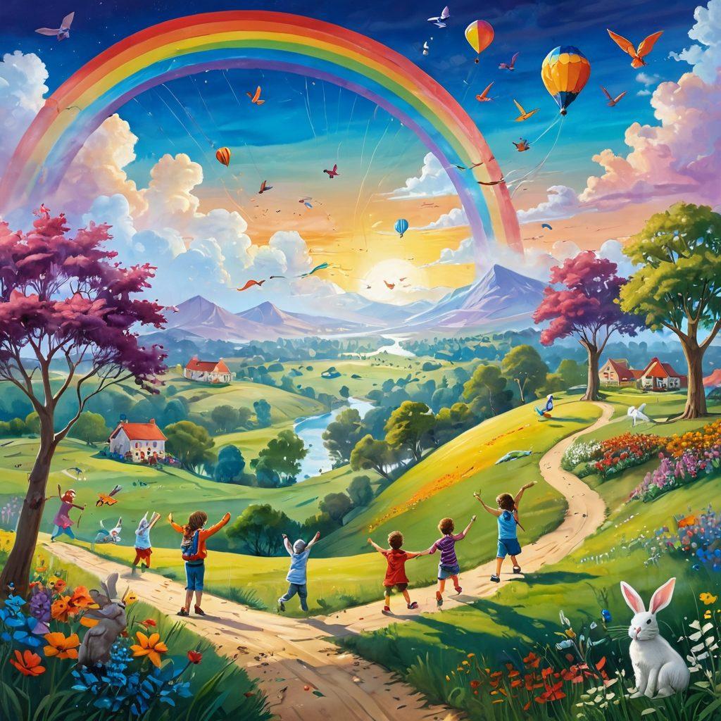 A whimsical landscape filled with vibrant colors, showcasing individuals engaged in playful activities like kite flying, painting, and dancing. The scene includes playful creatures like joyful rabbits and colorful birds, surrounded by nature's beauty. Sunlight beams down, illuminating the happiness and creativity in the air. A rainbow arches gracefully over the horizon, symbolizing joy and adventure. This image evokes a sense of freedom and imagination. super-realistic. vibrant colors. whimsical style.