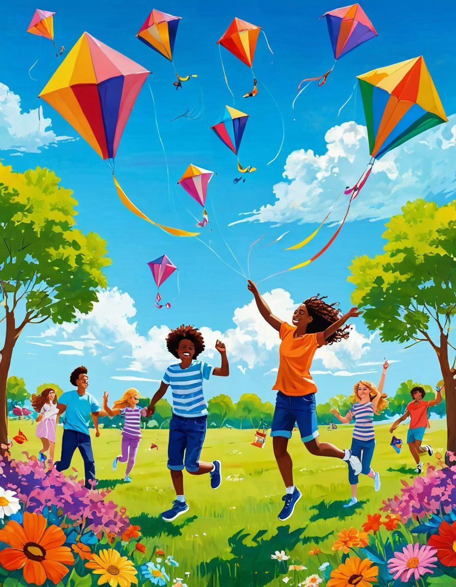 A whimsical scene featuring a group of diverse friends laughing and engaging in playful activities such as flying colorful kites, jumping on trampolines, and picnicking under a bright blue sky. Surround them with oversized, cartoonish flowers and cheerful animals, enhancing the joyful atmosphere. The color palette should be vibrant and captivating, evoking a sense of fun and exploration. pastel art. vibrant colors.
